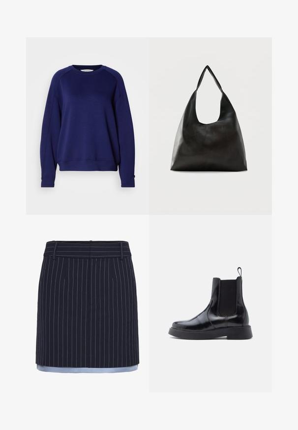 Sweatshirt bleu marine, en tissu doux, avec un col ras du cou, de longues manches raglan et des accents de boutons aux poignets.; Jupe bleu marine à rayures, avec une coupe droite, mettant en valeur des accents bleu clair au niveau de l'ourlet, fabriquée dans un tissu texturé et dotée d'une ceinture large.; Bottines Chelsea en cuir noir avec des panneaux latéraux élastiques, bout arrondi et semelle épaisse noire. Fini lisse et tirette au niveau du talon.; Sac bandoulière en cuir noir lisse avec une large sangle unique et un design décontracté et minimaliste sur un fond uni.