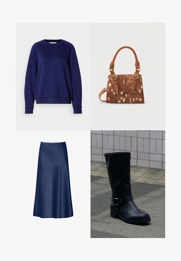 Dunkelblaues Sweatshirt aus weichem Stoff, mit Rundhalsausschnitt, langen Raglanärmeln und Knopfdetails an den Bündchen.; Navy-blaues Satin-A-Linien-Rock mit glatter Textur, fließendem Design und mittellanger Länge. Verfügt über einen schlichten Taillenbund ohne zusätzliche Akzente.; Schwarzer Lederstiefel bis zur Mitte der Wade mit niedrigem Blockabsatz und dekorativem Riemen mit Metallschnalle um den Knöchel, auf einem gefliesten Gehweg.; Braune Handtasche mit weiß gesprenkeltem Muster, goldfarbenen Schnallendetails, kurzem rundem Griff und abnehmbarem Schulterriemen vor weißem Hintergrund.