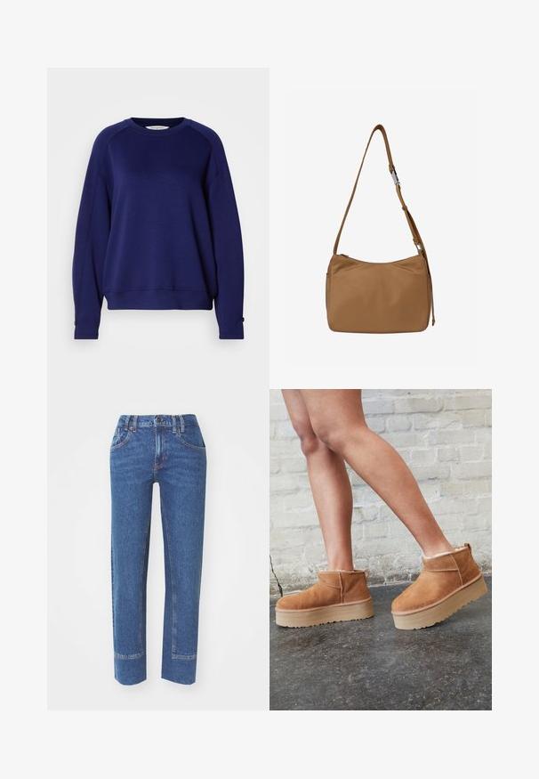 Námornícky modrý sweatshirts, vyrobený z mäkkej tkaniny, má okrúhly výstrih, dlhé raglánové rukávy a gombíkové akcenty na manžetách.; Modré denims džínsy so straight strihom, piatimi vreckami a kontrastným stehom. Tkanina má jemnú textúru a klasický vzhľad.; Hnedé semišové kotníkové čižmy s mäkkou podšívkou, hrubou béžovou platformou a zadným pútkom na obutie. Textúrovaný povrch s viditeľnými švami.; Kabelka z tanovej kože s hladkou textúrou, nastaviteľným ramenným popruhom a horným zipsovým zatváraním. Vyznačuje sa minimalistickým dizajnom a jemným prešívaním.