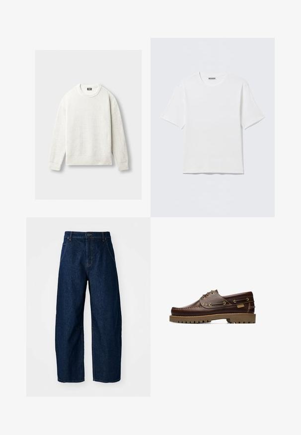 Hvid strikket langærmet crewneck sweater med ribbede manchetter, kant og krave, lagt fladt på en lys grå baggrund.; Hvid, kortærmet t-shirt med rund hals og et lille "WEEKDAY"-mærke på indersiden af bagkraven, vist på en flad overflade.; Bredde ben mørk denim jeans med høj talje, som har fem lommer, knaplukning foran og synlige syninger.; Brune læder snørelæderbådssko med syede detaljer og tyk gummisål, set fra siden.