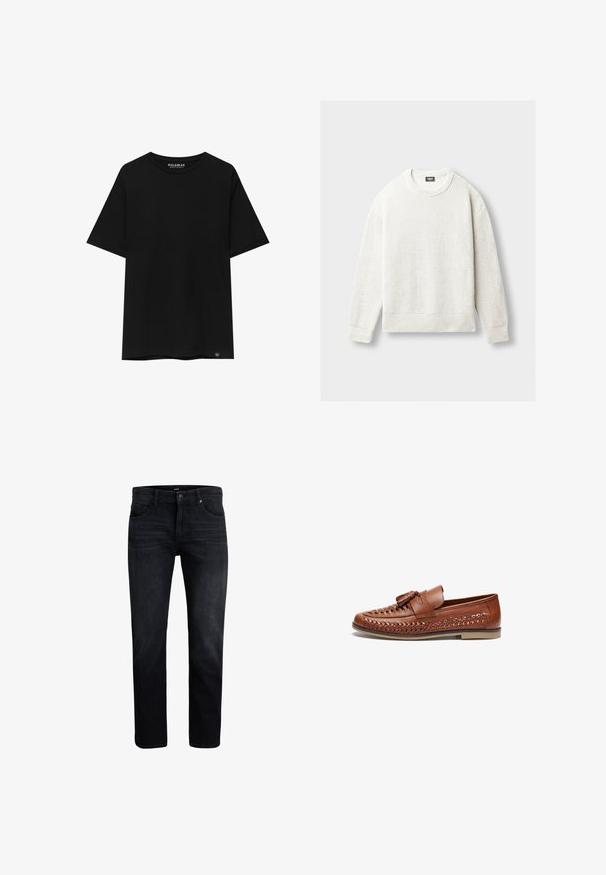 Valkoinen neulottu pitkähihaista crewneck-paitaa, jossa on ribattuja hihansuita, helmaa ja kaula-aukkoa, lappeellaan vaaleanharmaalla taustalla.; Mustan lyhythihaisen t-paidan, joka on valmistettu puuvillasta, varusteena on pyöreä pääntie ja pieni tuotemerkki vasemmalla alhaalla.; Tumman denimista valmistetut suorat farkut, joissa on klassinen viisi taskua -tyyli ja hienovaraista kulumista. Kontrastivärinen tikkaus.; Ruske pronašene cipele s pletenim detaljima duž gornjeg dijela, ravnim potplatom i dekorativnom rese na prednjem dijelu.