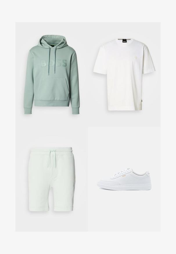 Hellgrüner Hoodie mit Kängurutasche, Kordelzugkapuze und erhabenem "BOSS"-Logo auf der Vorderseite. Verfügt über gerippte Bündchen und Saum.; Weißes Baumwoll-T-Shirt mit Rundhalsausschnitt, kurzen Ärmeln und kleinem Logo auf der Brust. Gerade geschnittener Saum unten.; Helle mintgrüne Baumwollshorts mit elastischem Bund, verstellbarem Kordelzug, seitlichen Taschen und Logodetail am rechten Bein.; Weiße Leder-Sneaker mit glatter Textur, runder Zehenpartie und tonal abgestepptem Design. Mit blauen Schnürsenkeln und einem goldenen Logo an der Seite.