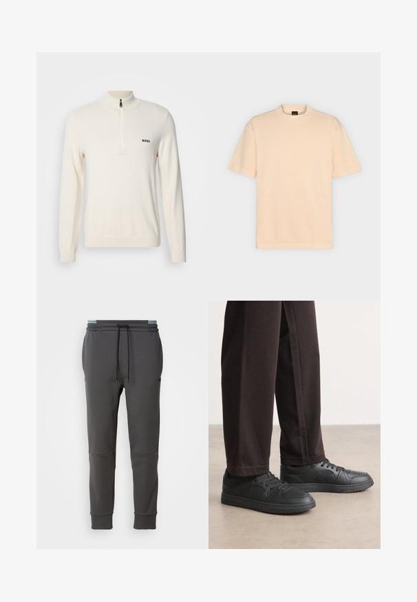 Licht beige gebreide pullover met een hoge kraag en een halve rits, voorzien van een klein zwart logo op de linkerkant van de borst en ribgebreide manchetten.; Effen beige T-shirt met korte mouwen en een ronde hals met BOSS-label aan de binnenkant van de achterkraag, afgebeeld op een lichtgrijze achtergrond.; Hematietgrijze sweatpants met elastische tailleband, verstelbare trekkoord, zijzakken en ribgebreide boorden. Glad textuur en strakke pasvorm.; Zwarte sneakers met een gladde leerachtige textuur, ronde neus en vetersluiting. Gecombineerd met donkere, relaxte broek. Platte rubberen zool.
