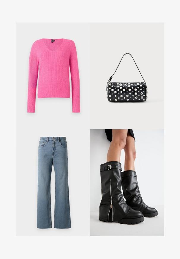 Roze gebreide trui met een V-hals, lange mouwen, ribbelstructuur en een losse pasvorm. Het materiaal heeft een zachte, licht glanzende afwerking.; Lichtblauwe denim jeans met een hoge taille, wijde pijpen, vijf zakken en subtiele vervaging, met een knoop- en ritssluiting.; Zwarte leren kniehoge laarzen met een brede schacht, voorzien van een zijrits en een gespaccent, met een gestructureerde afwerking en een chunky rubberen zool.; Zwarte leren handtas met een afgeronde vorm, versierd met zilverkleurige studs. Voorzien van een afneembare riem en ritssluiting. Gladde textuur.