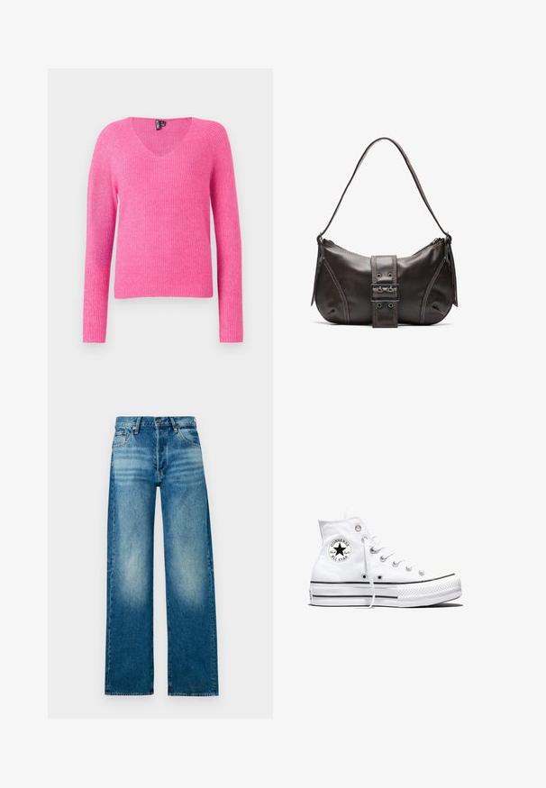 Roze gebreide trui met een V-hals, lange mouwen, ribbelstructuur en een losse pasvorm. Het materiaal heeft een zachte, licht glanzende afwerking.; Lichtblauwe denimjeans met een hoge taille, wijde pijpen en een vervaagde afwerking. Voorzien van een klassiek five-pocket ontwerp en metalen knoopsluiting.; Witte hoge Converse Chuck Taylor All Star sneaker met zwart logopatch en witte veters, weergegeven op een witte achtergrond.; Bruine leren schoudertas met een gebogen vorm, voorzien van een opvallende gespdetail, contrasterende stiksels en een enkele schouderband.