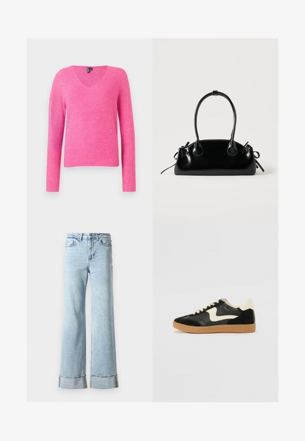 Suéter de punto rosa con escote en V, mangas largas, textura acanalada y un corte holgado. El material tiene un acabado suave y ligeramente brillante.; Jeans de mezclilla de color azul claro con piernas anchas, dobladillos deshilachados y detalles decorativos de strass en los puños. Diseño estándar de cinco bolsillos.; Zapatillas de deporte de ante y cuero negro con un swoosh lateral en crema y un talón en crema claro. Presenta cordones beige y una suela de goma marrón.; Pequeño bolso negro brillante con dos asas largas y detalles de cordón lateral sobre un fondo claro liso.