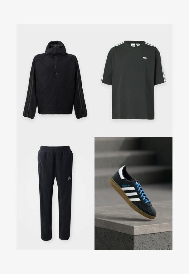 Sort fleece pullover med halvdækning lynlås krave, med en tekstureret ydre og sorte stribede detaljer på ærmerne.; Sort bomulds-T-shirt med korte ærmer, rund hals og hvide tre-stribede detaljer på skuldrene. Har et lille hvidt logo på brystet.; Sorte atletiske bukser i et blødt, tekstureret materiale, med en elastisk talje, sidelommer og et trekantet logo-accent på låret.; Sort Adidas sneaker med hvide striber, blå snørebånd og gummisål, der svæver over gråt betontrin i blødt lys.