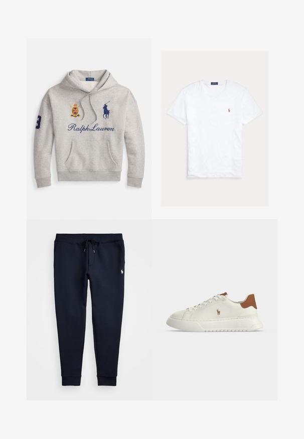 Lichtgrijze hoodie met voorzak, tekst 'Ralph Lauren', blauw polo-spelerlogo, een rood-goud embleem en nummer 3 op de linkermouw.; Witte T-shirt met korte mouwen en ronde hals met klein geborduurd Polo Ralph Lauren-logo op de linkerborst en een blauw merklint binnenin de kraag.; Marineblauwe joggingbroek met trekkoord in de taille, zijzakken, geribbelde enkels en klein wit paardenlogo op de rechterdij.; Witte lage sneaker met een bruine hieltab, veterluiting aan de voorkant, dikke zool en klein geborduurd paardenlogo aan de zijkant.