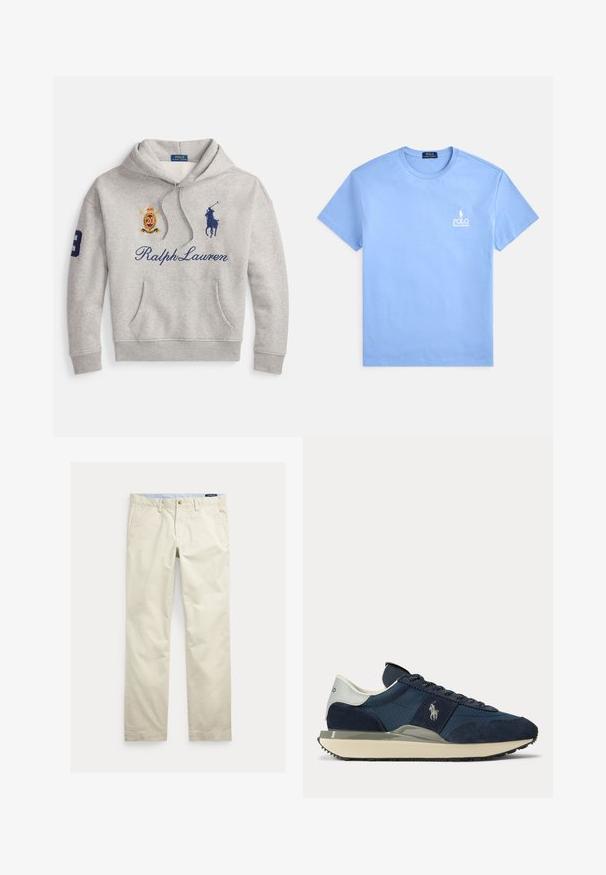Lichtgrijze hoodie met voorzak, tekst 'Ralph Lauren', blauw polo-spelerlogo, een rood-goud embleem en nummer 3 op de linkermouw.; Lichtblauw katoenen T-shirt met een ronde hals en korte mouwen. Voorzien van een wit geborduurd logo op de linkerborst.; Beige katoenen broek met rechte pijpen, riemlussen, voorste knoop, ritssluiting en zijzakken.; Donkerblauwe en witte sneaker met suède en stoffen panelen, wit logo aan de zijkant, witte hielriem en beige zool met zwart profiel.