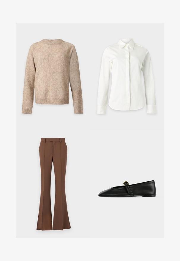 Pull beige à manches longues avec col rond côtelé, poignets et ourlet côtelés, présenté sur un fond uni gris clair.; Chemise blanche à manches longues avec boutons cachés, col pointu et coupe ajustée à la taille.; Pantalons évasés marron en tissu lisse, dotés d'un devant plat, de passants de ceinture et d'une coupe ajustée avec des détails de plis subtils.; Chaussure plate Mary Jane en cuir noir à bout pointu avec une fine bride munie d'une petite boucle dorée, présentée de côté sur un fond uni.