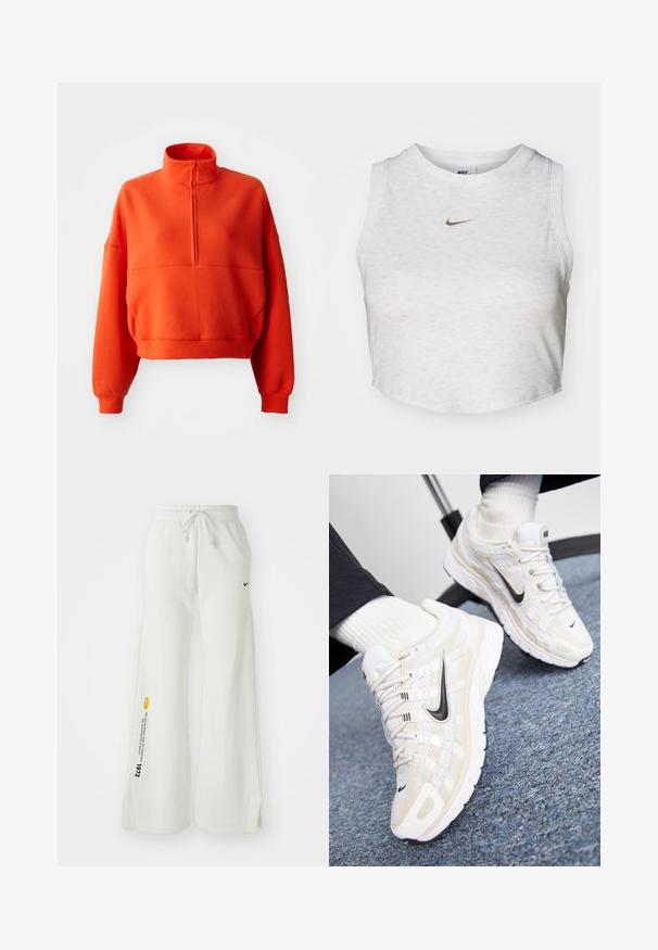 Helle orange, cropped Sweatshirt mit Stehkragen und halbem Reißverschluss, ausgestattet mit weiten Ärmeln und einem strukturierten Stoff für mehr Komfort.; Weißes Crop-Top aus weichem, strukturiertem Stoff. Verfügt über einen runden Ausschnitt und einen ärmellosen Schnitt mit einem kleinen goldenen Nike-Logo auf der Vorderseite.; Weiße, weit geschnittene Sweatpants mit elastischem Bund, Kordelzug, seitlichen Schlitzen, schwarzem Nike-Logo und kontrastierendem gelbem Grafiktext.; Weiße und beige Nike-Sneaker mit einem Obermaterial aus Mesh, strukturiertem Overlay, schwarzem Swoosh und einer gepolsterten Sohle mit rutschfester Außensohle.
