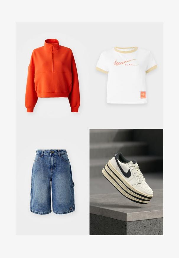 Erkki heledat oranž cropped sweatshirt, millel on mock neck ja pool tõmblukk, laiad varrukad ja tekstureeritud kangas mugavuse tagamiseks.; Valge T-särk kuldsete äärtega, millel on punane ruuduline Nike swooshi logo, teks "NIKE AIR" ning väike oranž Nike silt alläärs.; Heledadest lühikesed teksapüksid helesinises toonis, lõdva istuvusega, viie tasku ja nööpkinnitusega. Omab õmblustooted ning väikest logot.; Nike'i platvorm-tennised, mille pealiskihiks on kreemikas nahk, mustad detailid, kihiline tald ja ventilatsiooni tagav auguline varvas.