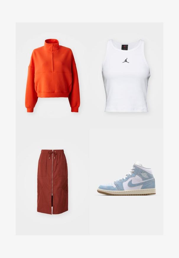 Erkki heledat oranž cropped sweatshirt, millel on mock neck ja pool tõmblukk, laiad varrukad ja tekstureeritud kangas mugavuse tagamiseks.; Valge lühike puuvillane tank top ribakangast. Keskel on must Jordan'i logo ja klassikaline ümar kaelus.; Keskmise pikkusega seelik terrakota punases, millel on eesne lukuga, elastne vöökoht koos tõmblukuga ja küljetaskud geomeetrilise mustriga.; Jordan AIR JORDAN 1 MID SE - Kõrge servaga tossud - white/worn blue/sail/light brown