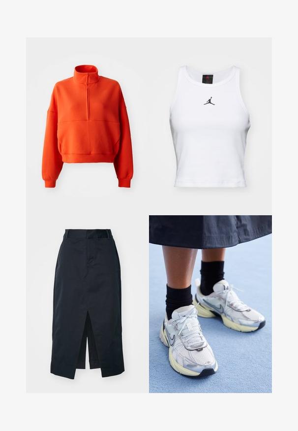 Lys orange cropped sweatshirt med høj hals og halv lynlås, featuring brede ærmer og et struktureret stof for komfort.; Hvid cropped tanktop lavet af bomuld med ribbet tekstur. Har et sort Jordan-logo i midten og en klassisk rund halsudskæring.; Mørkeblå midi-skirt lavet af en bomuldsblanding, med en frontslids, en skjult lynlås og sidelommer for funktionalitet.; Hvide og sølv Nike sneakers med mesh-stof, reflekterende detaljer og en beige sål. Bæres med sorte sokker og står på en blå overflade.