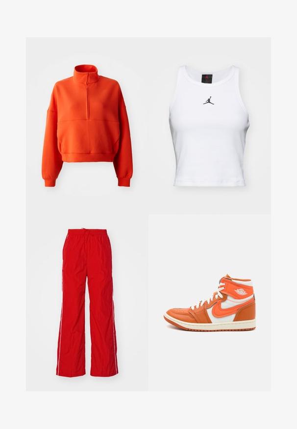 Lys orange cropped sweatshirt med høj hals og halv lynlås, featuring brede ærmer og et struktureret stof for komfort.; Hvid cropped tanktop lavet af bomuld med ribbet tekstur. Har et sort Jordan-logo i midten og en klassisk rund halsudskæring.; Røde nylonbukser med vidde ben, elastisk talje med snøre og hvide sidelister. Glat tekstur med et let udseende.; Høje sneakers med orange læder og hvide tekstilpaneler, med gummihii og fremtrædende logo-detalje på siden.