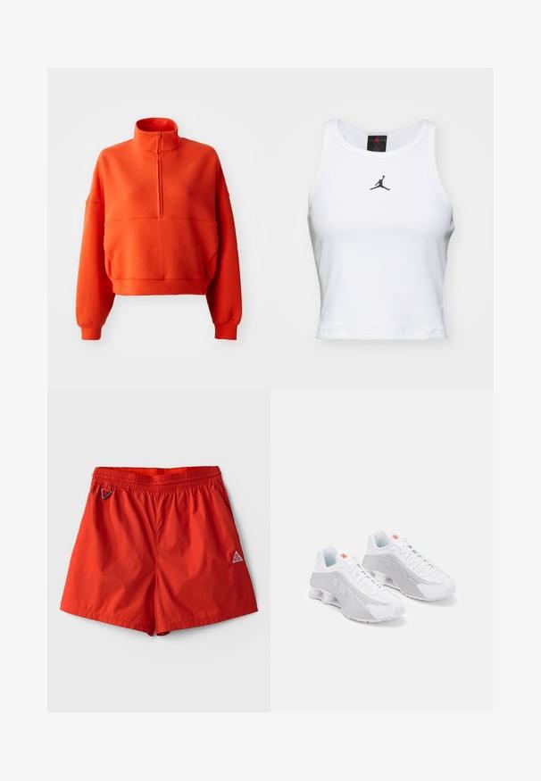 Sudadera corta de color naranja brillante con cuello alto simulado y media cremallera, con mangas amplias y una tela texturizada para mayor comodidad.; Top corto blanco de algodón con textura acanalada. Cuenta con un logo negro de Jordan en el centro y un clásico escote redondo.; Pantalones cortos deportivos de color rojo brillante con cintura elástica, bolsillos laterales, pequeño mosquetón en el lado izquierdo y logotipo ACG en la pierna derecha.; Zapatillas deportivas blancas con acentos grises, que cuentan con un Upper texturizado, perforaciones para ventilación y un talón segmentado para amortiguación.