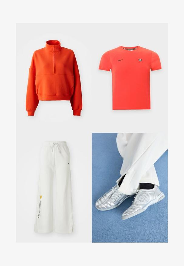 Sudadera corta de color naranja brillante con cuello alto simulado y media cremallera, con mangas amplias y una tela texturizada para mayor comodidad.; Camiseta de algodón roja con mangas cortas, con un logo negro de Nike y un pequeño parche de la marca en el pecho. Cuello redondo sencillo.; Pantalones de chándal blancos y de pierna ancha con cintura elástica, cordón, aberturas laterales, logo negro de Nike y texto gráfico en amarillo contrastante.; Zapatillas deportivas plateadas con un acabado suave y brillante, que presentan un diseño cosido y el número 90 en el lateral, combinadas con pantalones blancos.