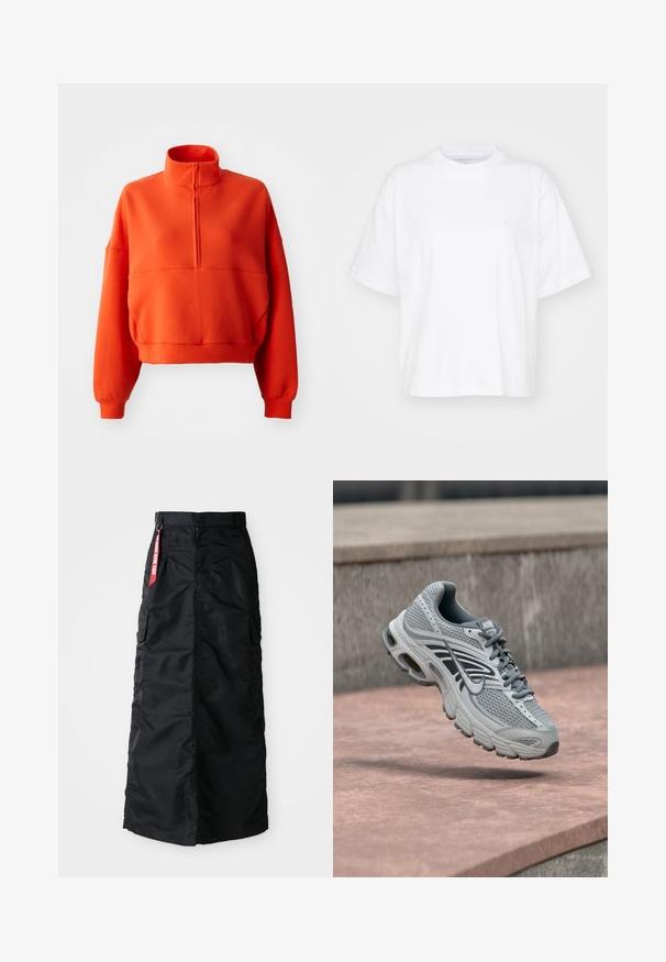 Sudadera corta de color naranja brillante con cuello alto simulado y media cremallera, con mangas amplias y una tela texturizada para mayor comodidad.; Camiseta de algodón blanca con cuello redondo, mangas cortas y un corte relajado. Presenta un logo sutil en el área del pecho izquierdo. Textura suave.; Falda larga negra con botones y cremallera en el frente, bolsillos laterales tipo cargo y una etiqueta de tela roja "Retirar antes del vuelo" en la cinturilla.; Zapatilla de correr Nike en gris claro y blanco con diseño de malla, flotando sobre una superficie de piedra al aire libre.