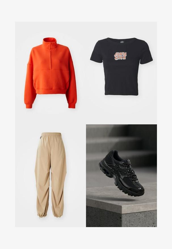Erkki heledat oranž cropped sweatshirt, millel on mock neck ja pool tõmblukk, laiad varrukad ja tekstureeritud kangas mugavuse tagamiseks.; Mustmustärkne must T-särkk, mis on valmistatud puuvillast ja mille esiküljel on värviline "SANTA CRUZ" graafika. Lühikesed varrukad ja ümar kaelus.; Beežid kerged püksid elastse vöökohtaga, kitsenevate sääreotsadega ja sileda tekstuuriga. Püksid on lõdva lõikega ning neil ei ole nähtavaid mustreid ega kaunistusi.; Must Nike jooksujalatsite võrkkangas ja sünteetilise pealiskihiga, hõljub betoonpinna ja tähtede kohal taustal.