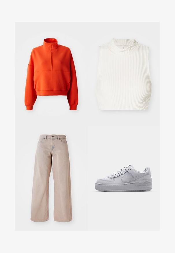 Felgekleurde oranje cropped sweatshirt met een hoge kraag en halve rits, voorzien van brede mouwen en een textuurstof voor comfort.; Witte geribbelde mouwloze crop top met een hoge hals en subtiele knoopdetail bij de kraag, gemaakt van een gladde, rekbare stof.; Beige wijde jeans met een hoge taille, vijf-pocket ontwerp en knoopsluiting. De stof heeft een zachte textuur en een lichte vervaging aan de voorkant.; Grijze Nike Air Force 1 sneaker met geperforeerde neus, glad leren bovenwerk, dikke zool en verhoogde 'AIR' details op de hiel.