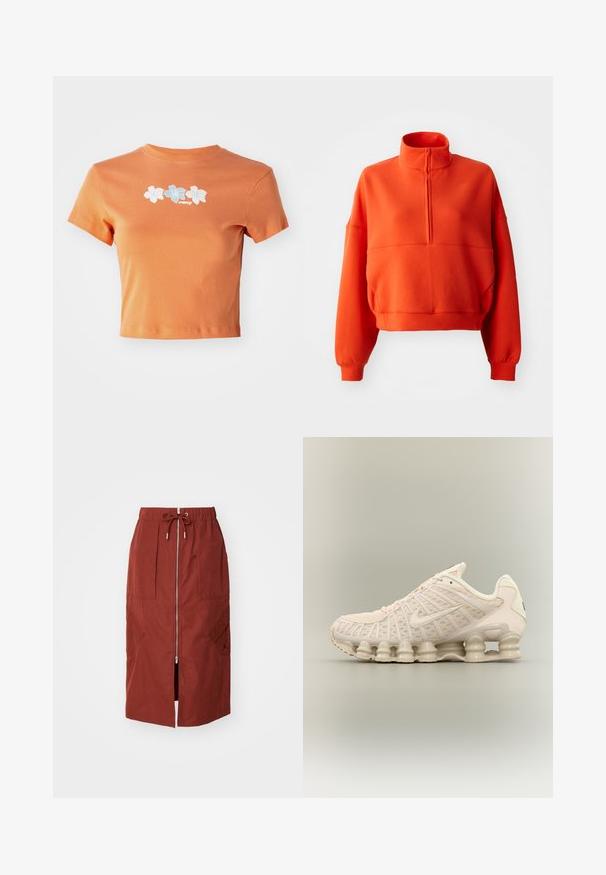 Helle orange, cropped Sweatshirt mit Stehkragen und halbem Reißverschluss, ausgestattet mit weiten Ärmeln und einem strukturierten Stoff für mehr Komfort.; Kurzes oranges T-Shirt aus Baumwolle mit kurzen Ärmeln, verziert mit weißen und hellblauen gestickten Blumen auf der Vorderseite.; Midikleid in terrakottarot, mit einem Frontreißverschluss, elastischem Bund mit Kordelzug und seitlichen Taschen mit geometrischem Design.; Beiger Nike Sneaker mit sichtbaren federartigen Sohlen-Einheiten, Mesh-Obermaterial und Swoosh-Logo an der Seite, von der Außenseite gezeigt.