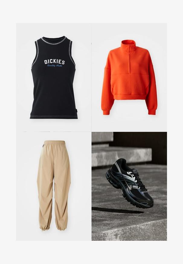 Felgekleurde oranje cropped sweatshirt met een hoge kraag en halve rits, voorzien van brede mouwen en een textuurstof voor comfort.; Zwarte mouwloze tanktop met grijze stiksels. Voorzien van het "DICKIES" logo in wit en blauw. Gemaakt van een gladde, rekbare stof.; Beige lichte broek met een elastische tailleband, taps toelopende boorden en een soepele textuur, met een relaxte pasvorm en zonder zichtbare patronen of versieringen.; Zwart-zilveren Nike hardloopschoen zwevend boven betonnen trappen, met een gedetailleerd ontwerp en een getextureerde zool in een buitenomgeving.