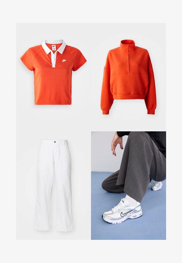Felgekleurde oranje cropped sweatshirt met een hoge kraag en halve rits, voorzien van brede mouwen en een textuurstof voor comfort.; Oranje poloshirt met een witte kraag, korte mouwen en wit Nike-logo op de linkerborst. Gemaakt van een zachte katoenen mix.; Witte katoenen broek met een recht model, voorzien van een knoopsluiting, zijzakken en een ontspannen fit. Gladde textuur.; Witte en zilveren sport schoenen van mesh en synthetische materialen, met zwarte accentlijnen, veters en gestructureerde zolen.