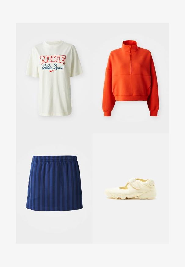 Felgekleurde oranje cropped sweatshirt met een hoge kraag en halve rits, voorzien van brede mouwen en een textuurstof voor comfort.; Witte katoenen t-shirt met een rood en blauw "NIKE" logo met daarboven de tekst "Just Do It" en daaronder "Athletic Depart.", korte mouwen, ronde hals.; Marineblauwe rok met verticale strepen, elastische tailleband, lengte tot halverwege het bovenbeen, gemaakt van lichte stof, gladde textuur.; Beige sportschoen met dikke zool, uitsnijdingen en twee verstelbare klittenbandsluitingen op een witte achtergrond.