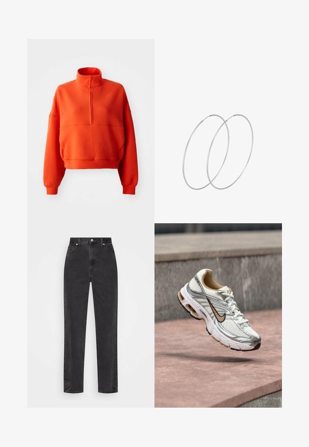 Un sweat-shirt cropped orange vif avec un col montant et une fermeture éclair demi-longueur, présentant des manches larges et un tissu texturé pour plus de confort.; Jeans en denim noir à jambe droite avec taille haute, bouton et fermeture éclair à l'avant, et style cinq poches sur fond blanc.; Chaussure de course Nike blanche et argentée avec un logo Swoosh beige, montrée en suspension au-dessus d'une surface en pierre avec un mur gris flou en arrière-plan.; Boucles d'oreilles en argent au design minimaliste. Forme circulaire, texture lisse et profil fin. Légères avec une finition polie.