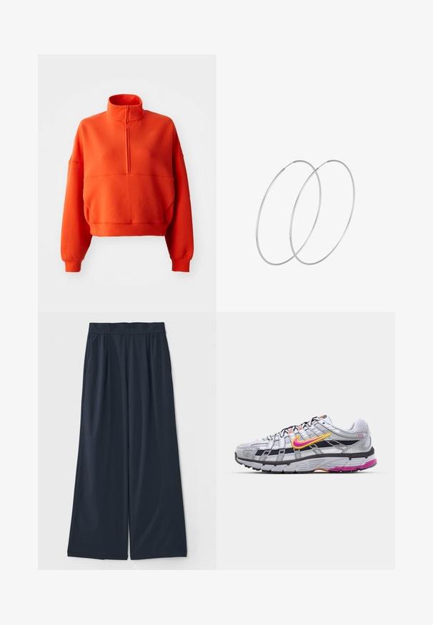 Felgekleurde oranje cropped sweatshirt met een hoge kraag en halve rits, voorzien van brede mouwen en een textuurstof voor comfort.; Donkerblauwe wijde broek van zacht materiaal; heeft een elastische tailleband en twee zijzakken voor extra gemak.; Grijze mesh hardloopschoen met een opvallende roze en gele swoosh, zwarte accenten en een gestructureerde rubberen zool. Kenmerkt zich door een verstevigde neus en een gevoerde kraag.; Zilveren hoepel oorbellen met een minimalistisch ontwerp. Cirkelvormig, gladde textuur en dun profiel. Lichtgewicht met een gepolijste afwerking.