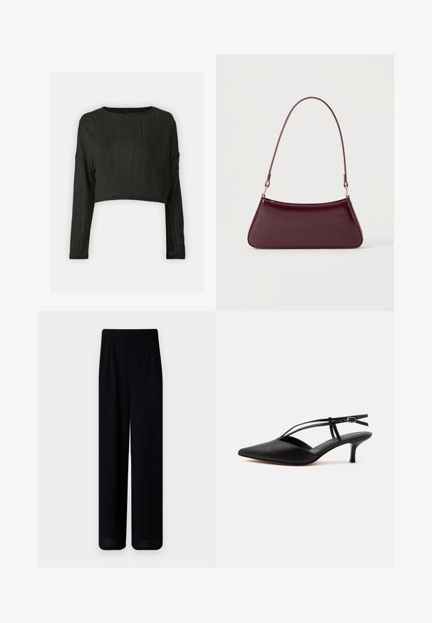 Schwarzes, cropped Langarmoberteil aus geripptem Stoff mit Rundhalsausschnitt und strukturierten Streifen. Glatte, figurbetonte Silhouette.; Vero Moda Petite VMLIVA SUPER WIDE PANTS - Stoffhose - black; Schwarzer Leder-Kitten-Heel mit spitzer Schuhspitze, dünnem Knöchelriemen und Schnalle, Slingback-Design, auf hellem einfarbigem Hintergrund.; Dunkelburgunderfarbene, glänzende Handtasche mit einem einzigen dünnen Griff und einer schlanken, trapezförmigen Form auf einem schlichten hellen Hintergrund.