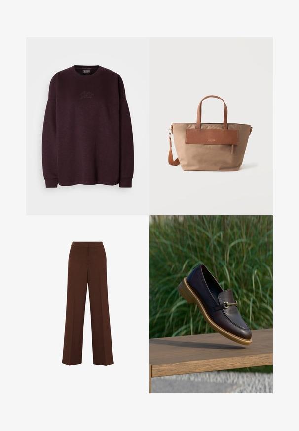 Bordeaux langærmet sweatshirt med ribbede manchetter og krave, med subtil broderet branding på brystet, lavet af blødt stof.; Brune bredbenede bukser med en glat overflade, der har en struktureret talje og subtile plisseringer, der løber ned langs forsiden.; Mørkebrun læderloafer med træsål og gulddetalje i metal, hængende over en træbænk med grøn græsbaggrund.; Mellemstor beige tote taske med brune læderhåndtag, forlomme og aftagelig skulderrem på hvid baggrund.