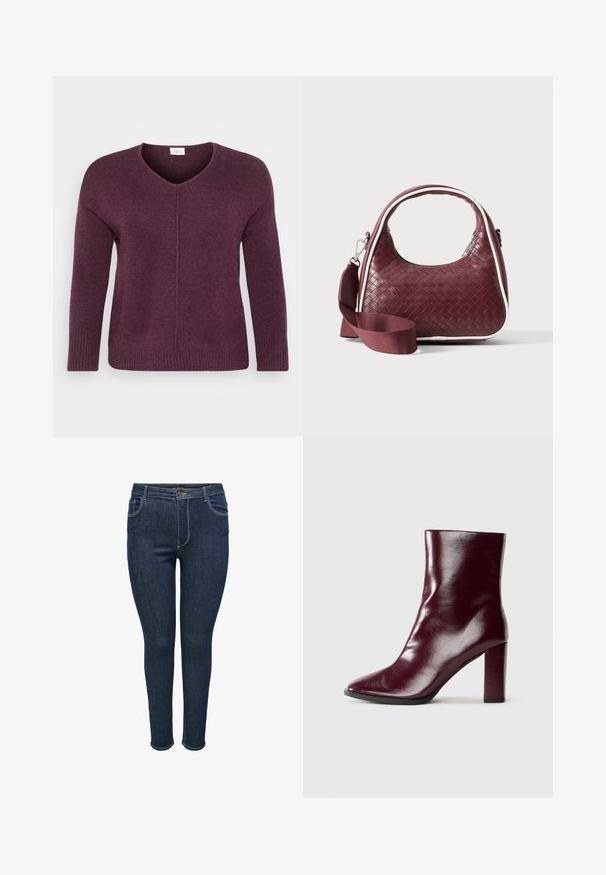 V-hals pullover sweater i dyb lilla, lavet af blødt strikmateriale. Har lange ærmer og ribbede manchetter i kanten for ekstra tekstur.; Mørkeblå denim skinny jeans med fem-lomme design, der har en knaplukning og sømadresser på sømmene. Glat tekstur, tætsiddende stil.; Skinnende mørk bordeaux læderstøvle til midt på læggen med spids tå og blokeret høj hæl på neutral baggrund.; Mørkerød vævet lædertaske med buet hank, hvid kant, sølv lynlås og aftagelig bred stofskulderrem mod en ensfarvet baggrund.