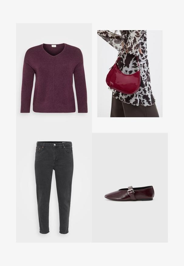 V-hals pullover sweater i dyb lilla, lavet af blødt strikmateriale. Har lange ærmer og ribbede manchetter i kanten for ekstra tekstur.; Slanke sorte denim jeans med frontknap og lynlås, bæltestropper og fem lommer, vist på en ensfarvet lys baggrund.; Bordeaux læder ballerina sko med spidse tæer, flad sål og en dekorativ spænde-strop over vristen. Glat, blank tekstur.; Kvinde iført en sort- og hvidmønstret bluse, der holder en blank rød skuldertaske mod en ensfarvet baggrund.