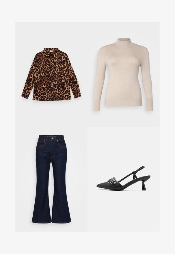 Beeziga turtleneck-sweater, mis on valmistatud pehmest kangast, omades pikki varrukaid ja soonikuid mansette. Sile tekstuur, ilma mustrite või kaunistusteta.; Leopardi mustriga särk, millel on nööbid, pikad varrukad, kaks rinna-taskut ja krae. Valmistatud pehmest kangast sooja värvipaletiga.; Tumedatest sinistest kõrge vöökohaga teksad koos laienevate jalgadega, eesnupu ja tõmbluku sulgemine ning kontrastne oranž peitel.; Simmi London DALA - Klassikalised kontsakingad - black