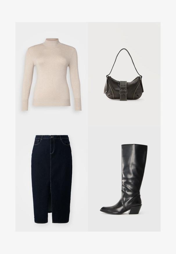Beige højhalset sweater lavet af et blødt stof, med lange ærmer og ribbede manchetter. Glat tekstur uden mønstre eller udsmykninger.; Mørk denim blyantskørt med en frontslids, knaplukning og synlige sømdetaljer. Designet til en tætsiddende silhuet.; Sorte læder knæhøje støvler med spids tå, vinklet hæl og glat tekstur. Funktioner en subtil syning langs siden.; Sort læder skuldertaske med spænde på remmen, afrundede kanter og kontrasterende hvide syninger på en ensfarvet baggrund.