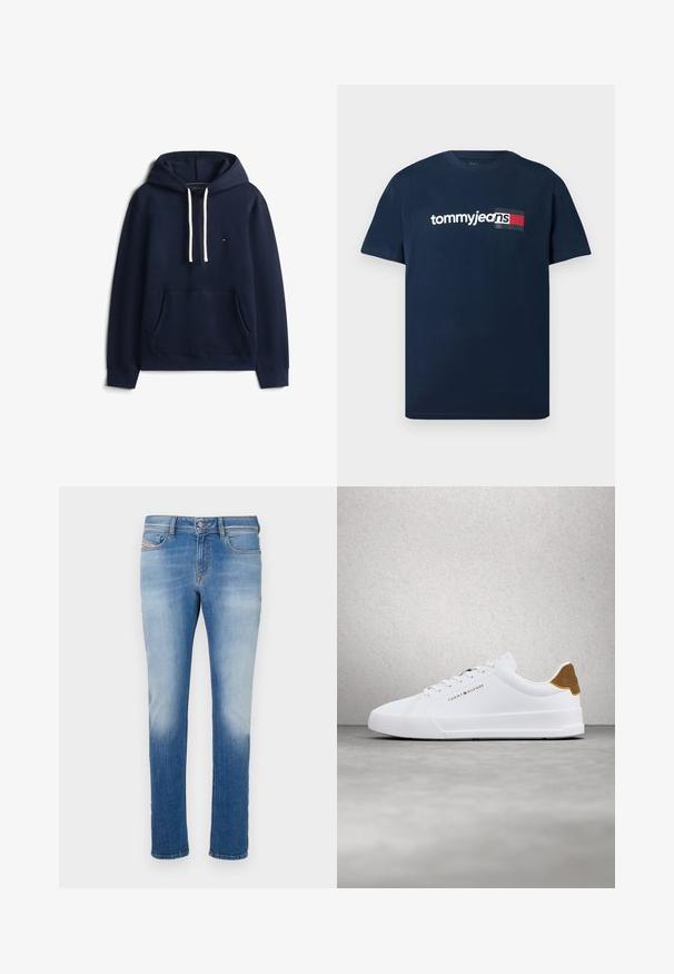 Tumedat sinine kapuutsiga sviiter, mis on valmistatud puuvilla segust. Omab esist kangaroo taskut, reguleeritavat kapuutsi ja väikest logo rinnal.; Tumesinine lühikeste varrukatega T-särk valge "tommyjeans" tekstiga ja punase, valge ning sinise ristkülikukujulise logoga rinnal.; Sinine denimist valmistatud kitseneva lõikega teksad, kerge pesu ja kulumisjälgedega, klassikaline viie taskuga stiil ja nööbiga kinnitamine vööl.; Valge madala säärega toss pruuni seemisnahast kandmisegaga, valgete paelte ja Tommy Hilfigeri logoga küljel, hõljumas poleeritud halli põranda kohal.