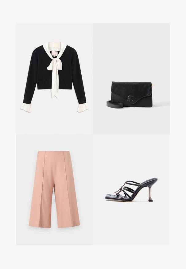 Suéter corto negro de manga larga con cuello blanco adjunto, lazo frontal y puños rizados blancos en las mangas.; AERON PEN - Shorts - mottled pink; Sandalia negra de tacón alto con tiras, punta cuadrada y tacón de aguja delgado, con tiras superpuestas y un detalle anudado en la parte superior.; Bolso bandolera de cuero negro con solapa curva y logo en relieve en el frente, mostrado sobre un fondo claro y liso.