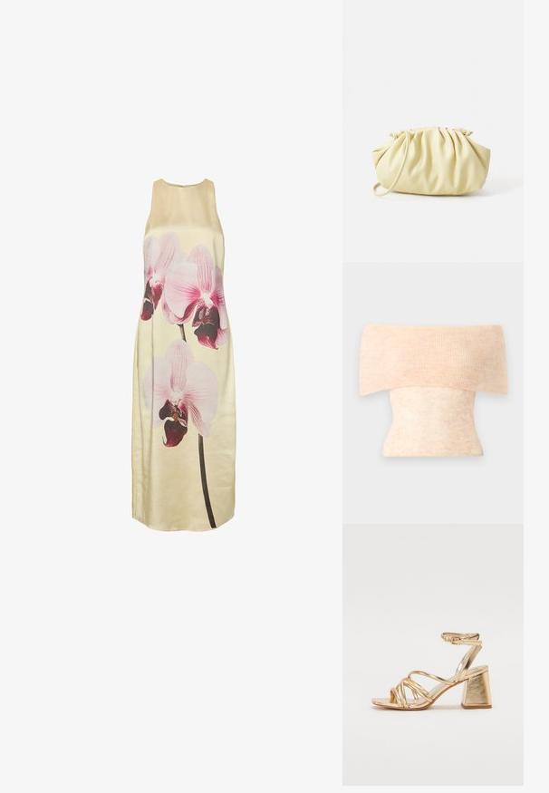 Strikket off-shoulder top i lys ferskenfarve med ribbet tekstur og en tætsiddende pasform, der har en diskret farvevariation gennem hele stoffet.; Ærmeløs cremefarvet lang kjole med stort tryk af en lyserød og lilla orkidé foran.; Guldfarvede hæle-sandaler med en strappy design, firkantet blokhæl og justerbar ankelrem med spænde. Glat tekstur.; Gul plisseret håndtaske lavet af glat kunstlæder, med en blød form, en enkelt skulderrem og samlet topdesign.