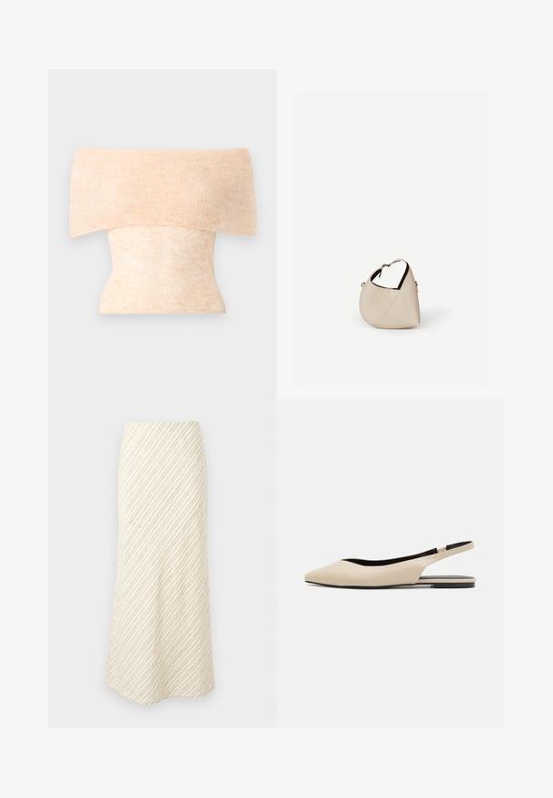 Strikket off-shoulder top i lys ferskenfarve med ribbet tekstur og en tætsiddende pasform, der har en diskret farvevariation gennem hele stoffet.; Midi-nederdel i cremefarve med diagonalt stribemønster i brun. Har en figursyet talje og blødt stof med en glat tekstur.; Beige læder slingback flade sko med spidse tæer, minimalisk design, glat tekstur og en lav sort sål.; Beige læder håndtaske i halvmåneform med en enkelt skulderrem og minimal syning, sat mod en ensartet hvid baggrund.