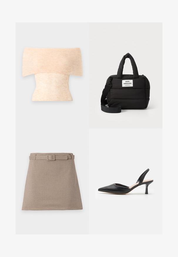 Strikket off-shoulder top i lys ferskenfarve med ribbet tekstur og en tætsiddende pasform, der har en diskret farvevariation gennem hele stoffet.; Brune og beige houndstooth-mønstrede shorts med bælte i taljen og rene linjer, skræddersyet struktur og glat stofstruktur.; Sort læder slingback-sko med spids tå, en tynd hæl og et rent design, der har en slank silhuet og glat tekstur.; Sort polstret håndtaske med rektangulær form, dobbel polstret bærehåndtag, aftagelig skulderrem og et frontlogo patch.