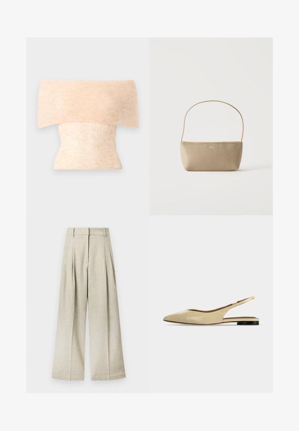 Haut en tricot à épaules dénudées couleur pêche claire avec texture côtelée et coupe ajustée, présentant une variation subtile de couleur sur l'ensemble.; Pantalon à jambes larges en tissu gris clair avec une finition texturée, présentant des plis à l'avant et une ceinture plate, sans poches visibles.; Chaussure plate beige à bout pointu avec bride arrière, petit talon noir et finition en cuir lisse, vue de côté sur un fond uni.; Sac à main tissé beige avec fine bandoulière et petit logo doré "BOSS" à l'avant, présenté sur fond blanc uni.