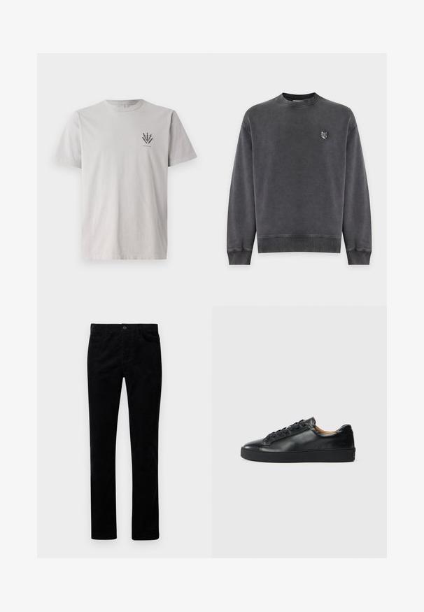 Sweat-shirt gris foncé à col rond, manches longues et petite tête de loup brodée sur la poitrine gauche.; T-shirt en coton gris à manches courtes, comportant un petit motif graphique sombre sur la zone gauche de la poitrine. Style classique à encolure ronde.; Pantalons en velours côtelé noirs avec une coupe droite, dotés de poches avant et d'une fermeture par bouton en métal. Texture douce avec des côtes verticales.; Baskets en cuir noir avec une texture lisse, bout rond et fermeture à lacets. Comprend une semelle en caoutchouc épaisse et un minimum de détails de marque.