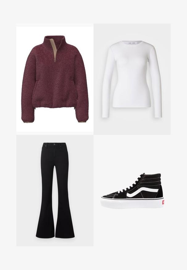 Bourgondische fleece trui met een hoge kraag, halve ritssluiting aan de voorkant en elastische manchetten. Zachte textuur en een ontspannen pasvorm met zijzakken.; Witte longsleeve shirt van ribstof, met een ronde halslijn en een getailleerde vorm. Er zijn geen patronen of accenten aanwezig.; Zwarte high-waist flare jeans met knoopsluiting aan de voorkant en zakken, getoond op een witte achtergrond.; Zwarte high-top sneakers met witte veters, een wit logo en contrasterende witte stiksels. Heeft een dikke witte zool en een bovenwerk van gestructureerd suede.