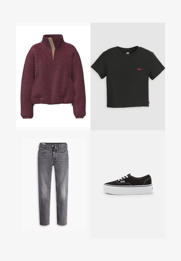 Bordeauxfarvet fleece-pullover med høj krave, halv lynlås foran og elastiske manchetter. Blød tekstur og afslappet pasform med sidelommer.; Sort Levi's cropped t-shirt med korte ærmer, rund halsudskæring og lille rødt Levi's-logo på venstre bryst.; Grå denim jeans med høj talje. Har fem lommer, knap- og lynlåslukning samt en subtil falmet tekstur med kontrasterende syninger.; Sort lærred sneakers med en hvid gummi platform sål, der har hvide snørebånd og syninger, ikonisk branding på siden, lav-top design.