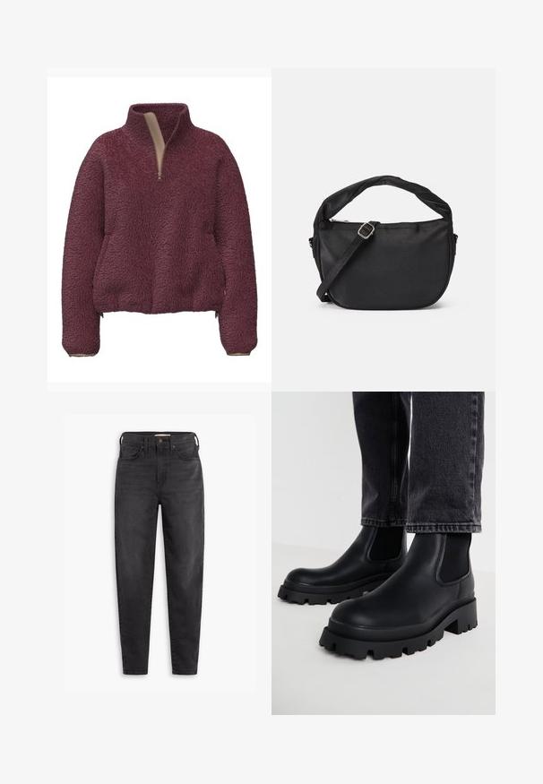 Bordeauxfarvet fleece-pullover med høj krave, halv lynlås foran og elastiske manchetter. Blød tekstur og afslappet pasform med sidelommer.; Sorte højtaljede slim-fit jeans med for- og baglommer, knaplukning og bæltestropper, præsenteret på en hvid baggrund.; Sorte ankelstøvler med en kraftig sål, lavet af glat læder, med elastiske sidepaneler og en blokhæl, parret med mørke denimbukser.; Sort stof skuldertaske med et snoet håndtag, en aftagelig rem og en lynlåslukning i toppen. Glat tekstur og minimalistisk design.