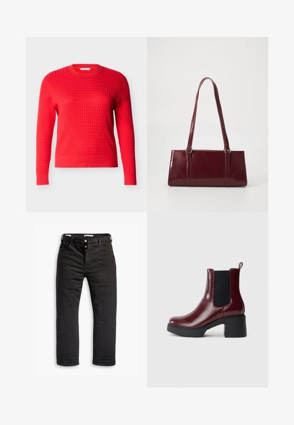 Roter Strickpullover mit strukturiertem Muster, rundem Ausschnitt und langen Ärmeln. Mit einem kleinen Markenlogo auf der Brust.; Schwarze Denim-Jeans mit geradem Bein, ausgestattet mit einem Knopfverschluss, fünf Taschen und dezentem Stickdetail. Angenehme Textur.; Burgunderfarbene Lederstiefelette mit elastischen Seitenpaneelen, runder Zehenform und einem klobigen schwarzen Absatz, ausgestattet mit einer Zugschlaufe an der Rückseite.; Burgunderfarbene Handtasche aus glänzendem Material, rechteckige Form, mit zwei Schulterriemen und subtilen, geschwungenen Akzenten an der Vorderseite.