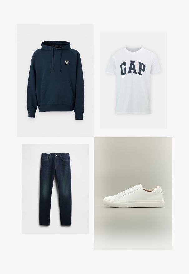Laivastonsininen hupullinen collegepaita, jossa edessä kengurun tasku ja vasemmassa rinnassa pieni valkoinen kotkalogo.; GAP EVERYDAY SOFT BASIC LOGO - Printtipaita - white global; Tumma sininen farkkukangas, suoran leikkauksen housut, joissa on viisi taskua, nappisulku ja hieno haalistuminen reisissä. Klassinen ompeluyksityiskohta.; Valkoinen matalavartinen tennari, jossa nauhakiinnitys ja tasapohja, esitetty sivulta neutraalilla taustalla.