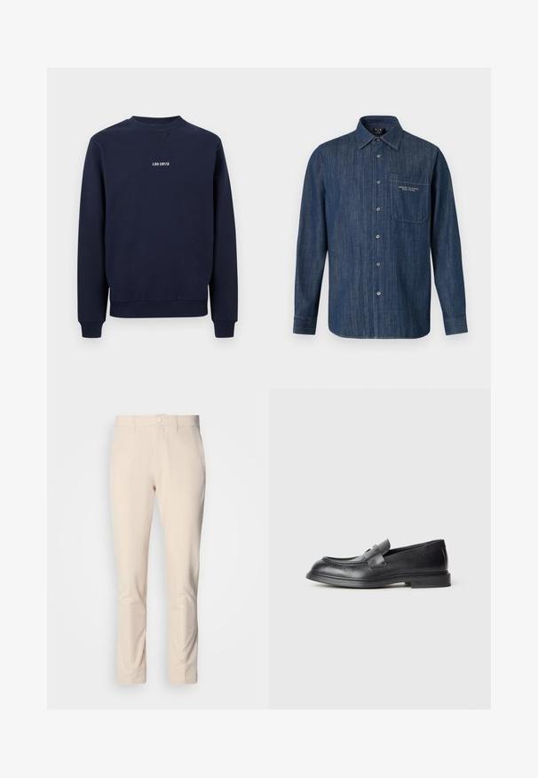 Mørkeblå crewneck-trøje med ribbede manchetter og kant, med lille hvid "LES DEUX" tekst centreret på brystet.; Mørkeblå denim skjorte med lange ærmer og knapper med en brystlomme, der har broderet gult "Armani Exchange"-logo.; Lysebeige bukser med en glat tekstur, slim fit, knaplukning og sidelommer. Ingen synlige mønstre eller accenter.; Sorte læder loafers med en struktureret finish, der har en dekorativ frontrem og en rundet tå. Gummisål for holdbarhed.
