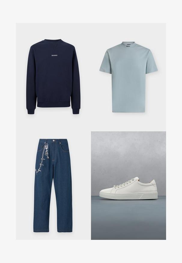 Sweat-shirt bleu marine à col rond avec poignets et ourlet côtelés, présentant un petit texte blanc centré "LES DEUX" sur la poitrine.; T-shirt bleu clair à manches courtes avec un col montant côtelé et le logo "BOSS" imprimé à l'intérieur de l'encolure.; Jean large en denim bleu foncé avec une chaîne ornée de strass attachée sur le côté gauche, et des surpiqûres orange visibles sur les poches et l'ourlet.; Baskets en cuir blanc avec un bout arrondi, design minimaliste, lacets gris et semelle en caoutchouc gris texturé. Détails de couture subtils visibles.